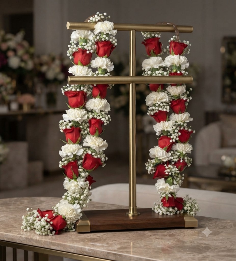 Red rose, white carnation, and baby's breath garlands displayed on a brass stand